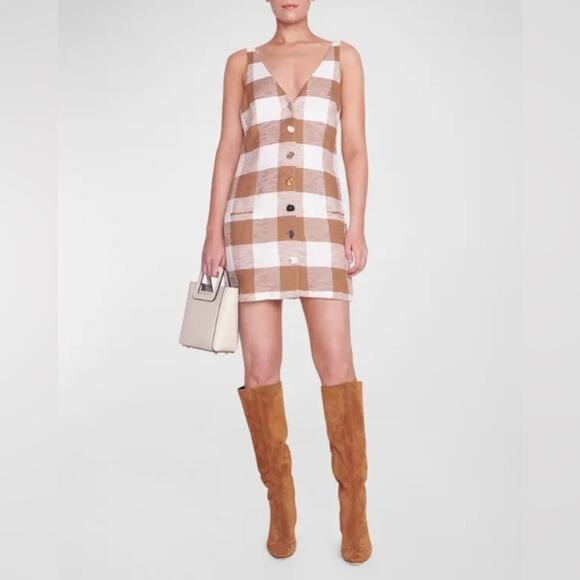Staud Samuel Button Front Plaid Brown Mini Dress in Tobacco Gingham 0 - Picture 3 of 8